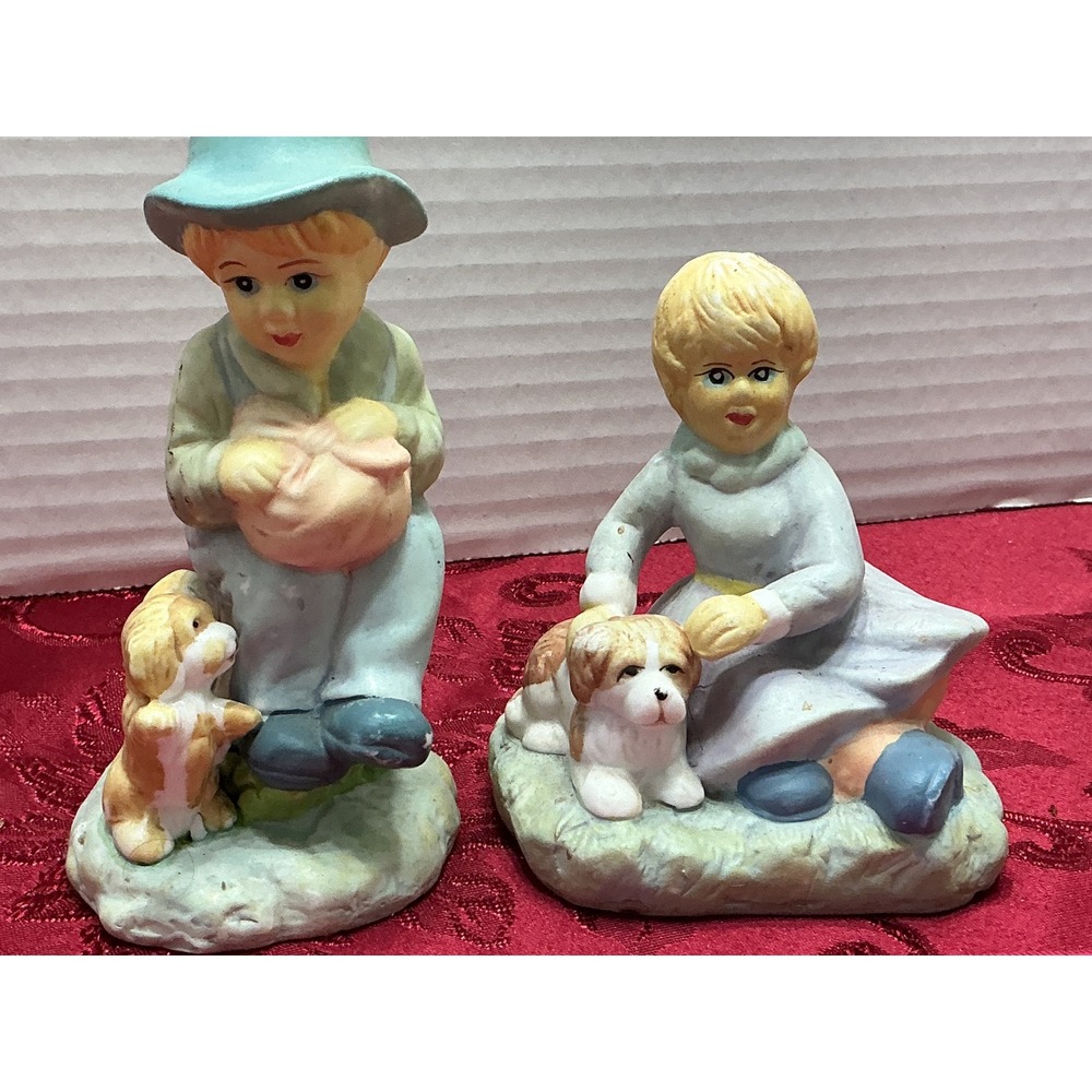 Vintage Bisque Porcelain Boy and Girl Figurines with Dogs Pastel Statues Set of2